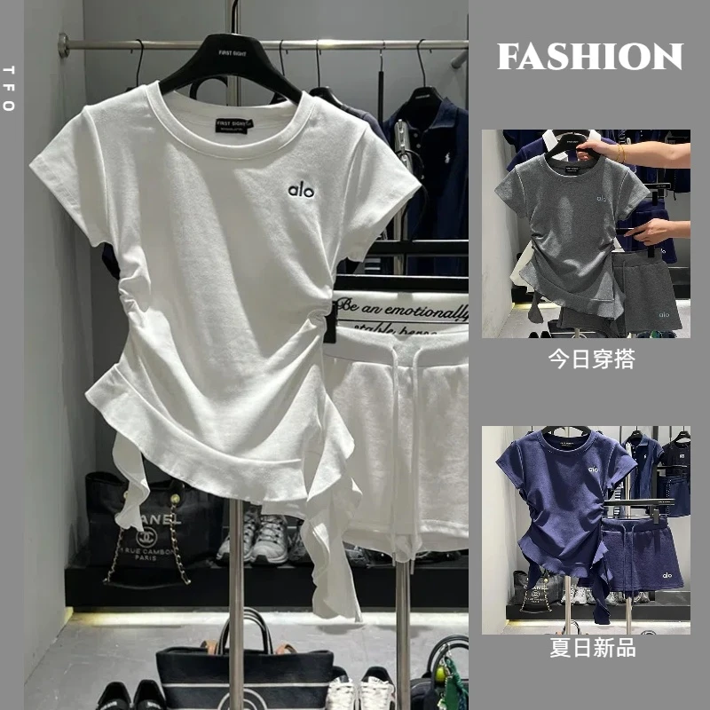 新款字母刺绣简约圆领不规则下摆荷花边短袖夏季收腰显瘦T恤女