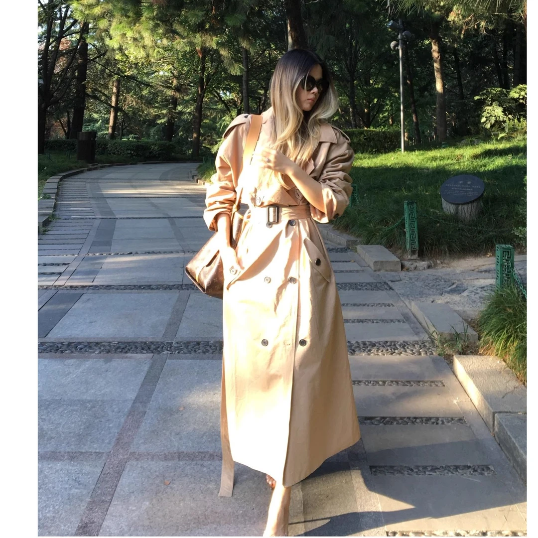 PinkMantis经典廓形双排扣风衣高档棉清冷质感超长多穿外套宽松