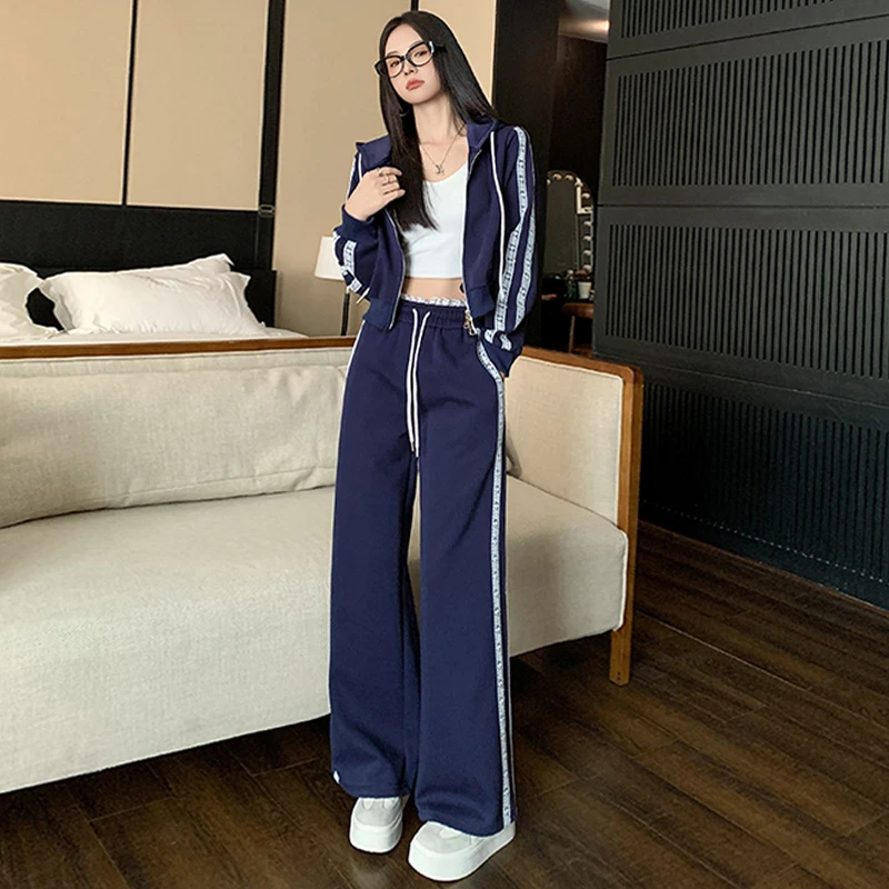 休闲运动时尚套装女春季新款高级感气质拉链连帽卫衣阔腿裤两件套