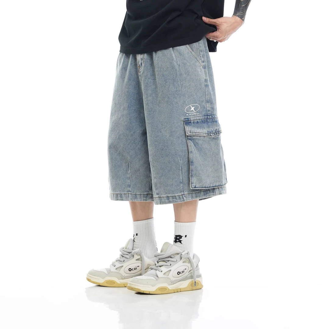 特大码美式嘻哈工装牛仔短裤男款夏季潮牌复古高街宽松直筒六分裤