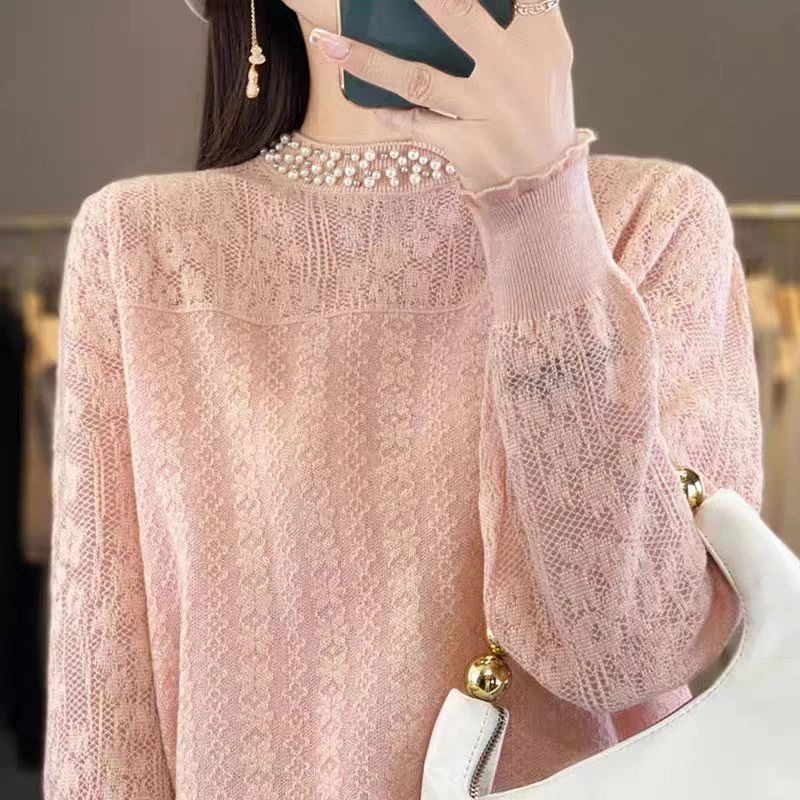 【高定-粉】2024新款洋气百搭珍珠领针织衫女宽松打底上衣套头