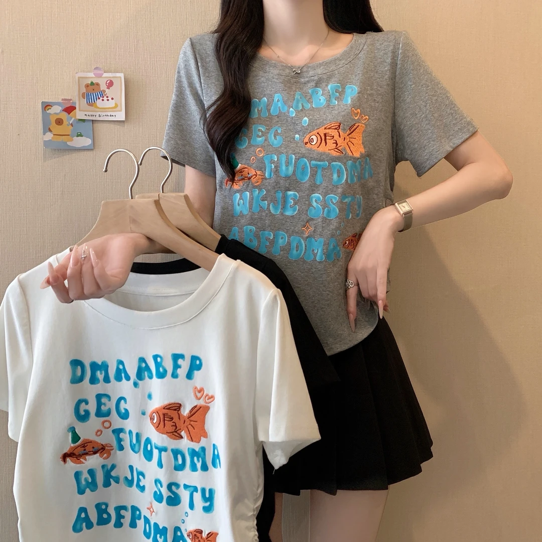 【wy】大码女装夏季新款设计感字母小鱼印花短袖T恤上衣3330