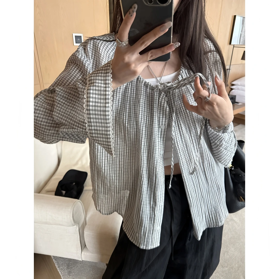 百搭气质款防晒格子衬衫绑带女装新款洋气宽松懒惰风长袖上衣外套