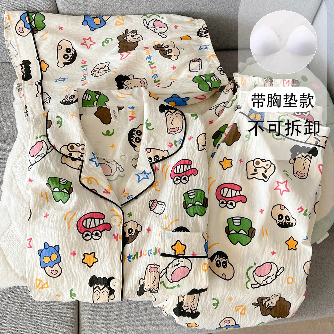 【链接有胸垫版可选】卡通日系小新睡衣女夏季短袖三件套学生家居服