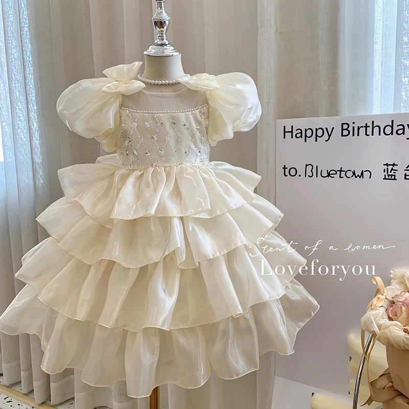 2025夏”锦云流光”女童泡泡袖蝴蝶结亮片蛋糕公主裙85007