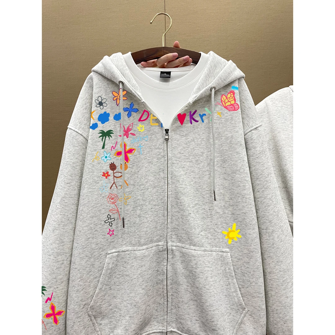 美式个性贴纸字母印花开衫连帽卫衣男女秋冬季休闲拉链情侣款外套