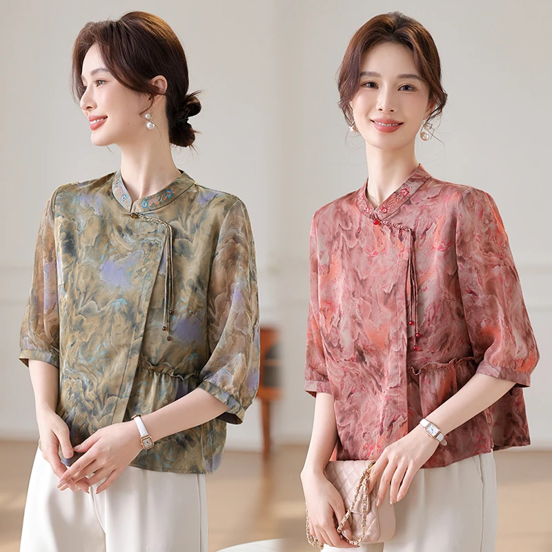 妈妈装衬衫夏季薄款中老年人女时尚国风小衫春装衣服奶奶上衣