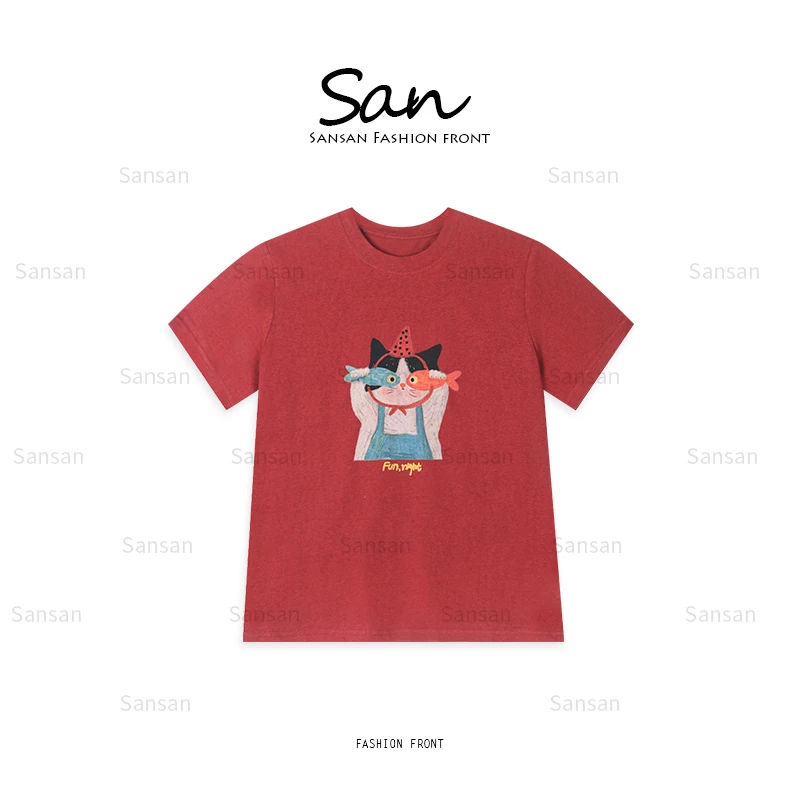 【SANSAN】”拿鱼的小猫“夏季百搭休闲气质显瘦套头短袖上衣DY-90374