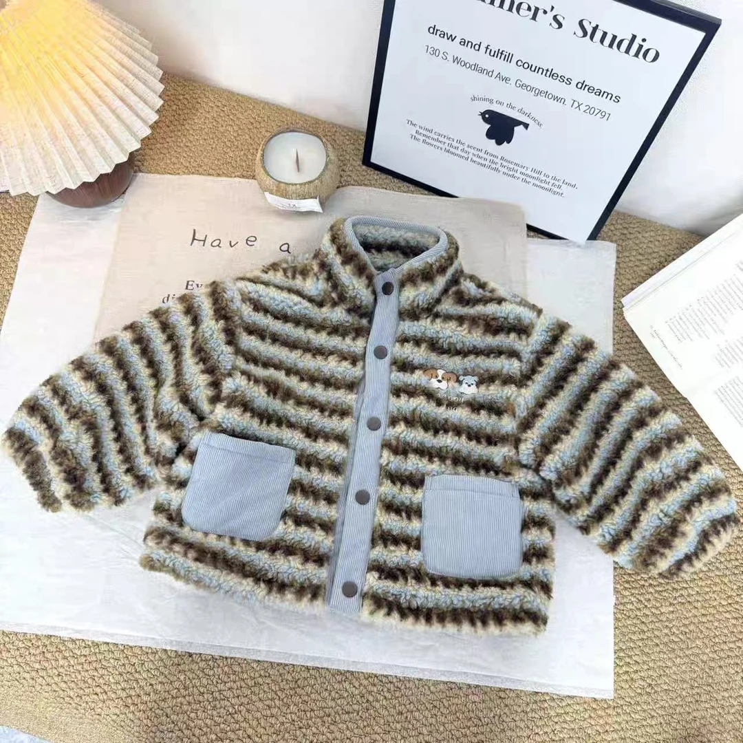 女童条纹毛绒加厚保暖外套2025冬季新款时髦棉服加绒长袖宝宝上衣
