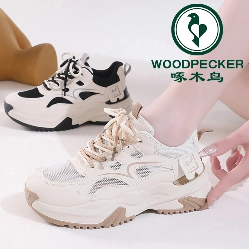 啄木鸟网面透气爆款厚底老爹鞋女士2025夏季新款增高休闲运动鞋潮