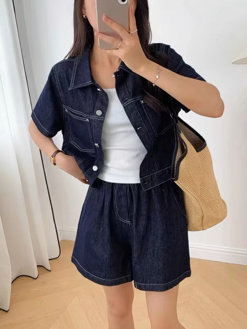 时尚短袖牛仔衬衫女夏季2025新款遮肉显瘦休闲减龄薄款短裤两件套