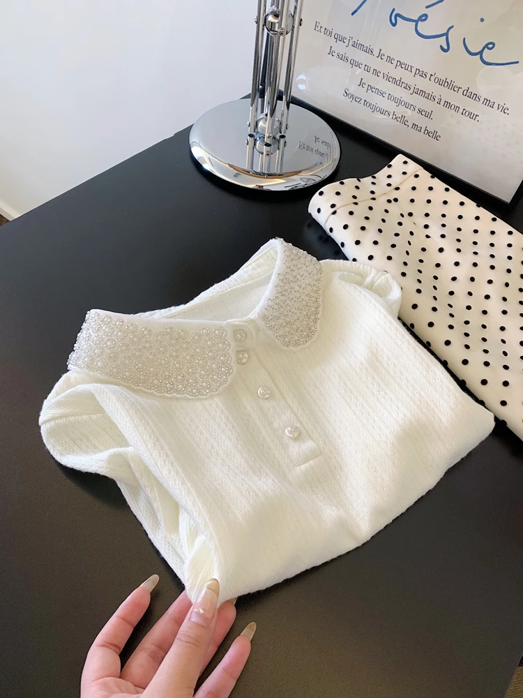 白色polo领小衫短袖t恤女士小个子短款正肩直筒显瘦气质上衣韩系