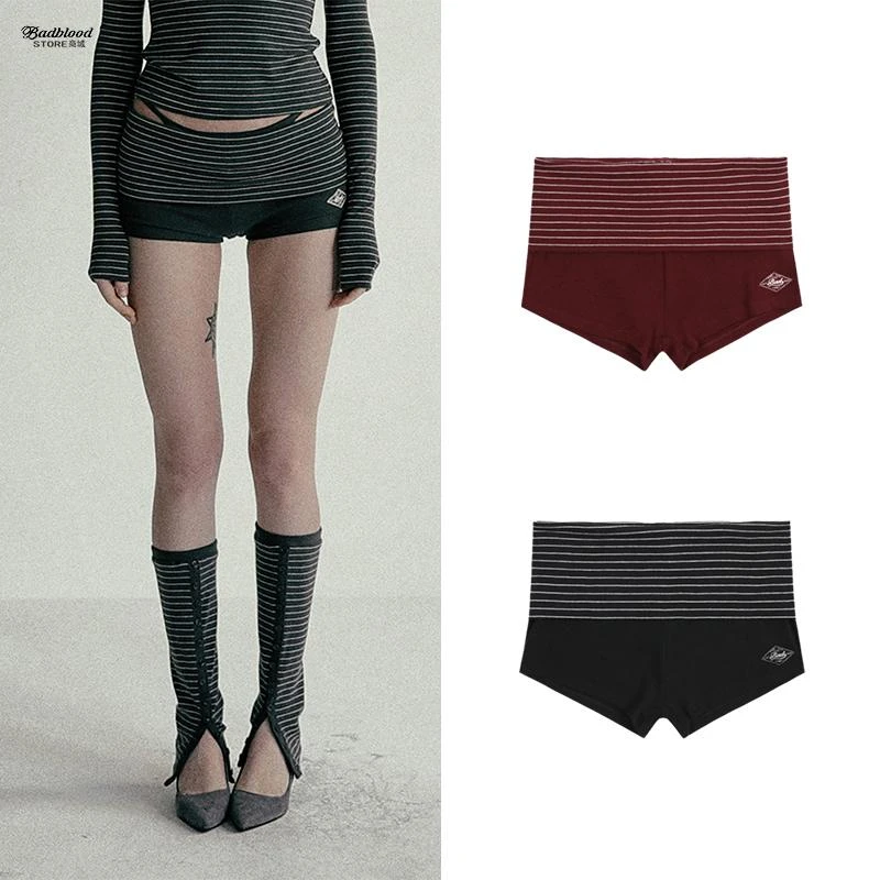 badblood美式街头条纹折叠三分裤性感辣妹运动瑜伽百搭运动短裤