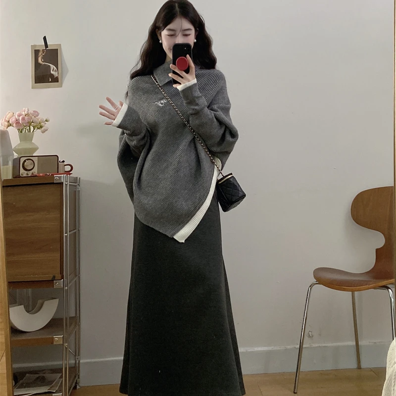 运补}秋冬高领不规则宽松斗篷毛衣针织松紧腰半裙显瘦鱼尾裙套装