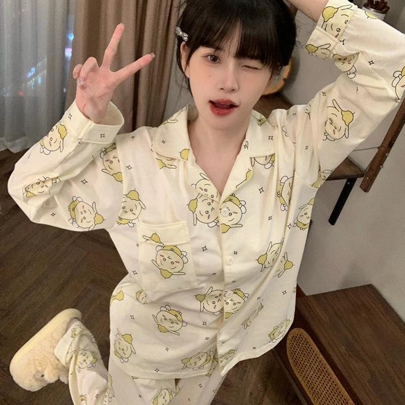 吉伊卡哇春秋季纯棉卡通甜美睡衣女士套装薄款开衫长袖长裤家居服