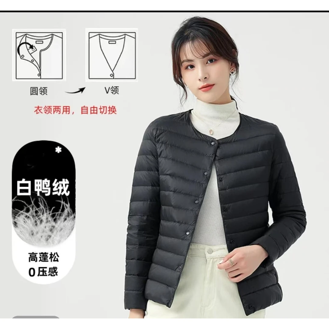 女士轻薄款白鸭绒内胆圆领羽绒服轻便保暖圆领V领一衣两穿L101