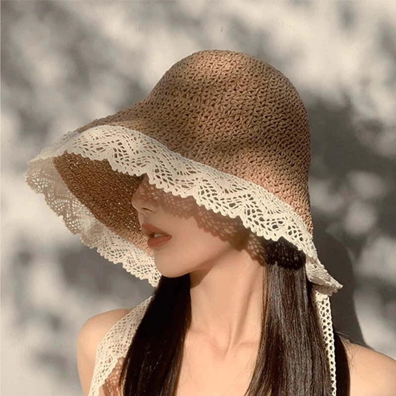 海边度假大帽檐飘带蕾丝边太阳帽女夏季专业户外海边可折叠草帽潮