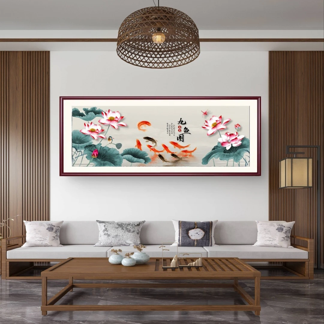 浮雕立体烫金年年有余新中式装饰画客厅东墙现代挂画青绿青山山水