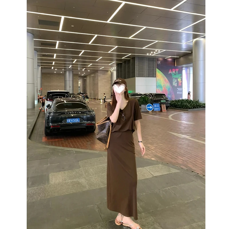 FRVXO【初夏活力】夏季新款韩系高级感简约T恤包臀长款半身裙套装