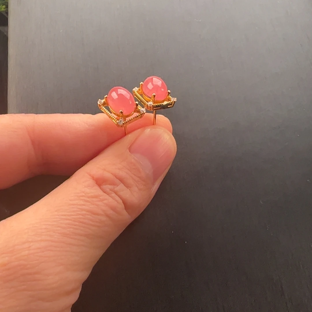 银S925镶嵌菱锰矿（红纹石）耳钉