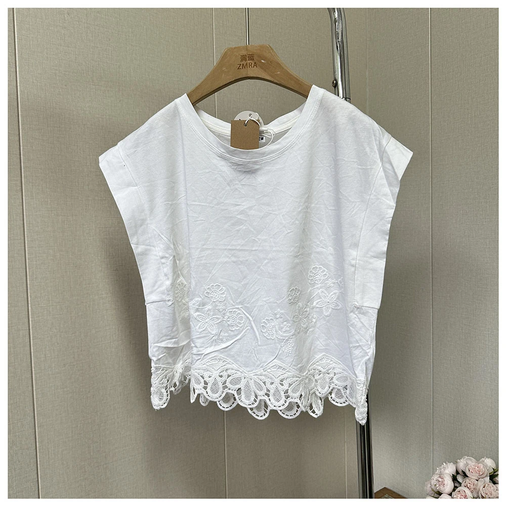 1B056 夏季新款宽松短款拼接蕾丝圆领无袖T恤