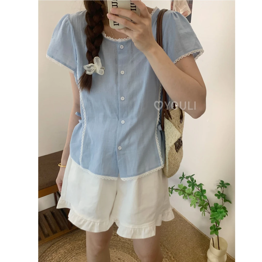 【乌梨】韩系甜美风蕾丝花边圆领系带小衫女夏季宽松显瘦百搭上衣