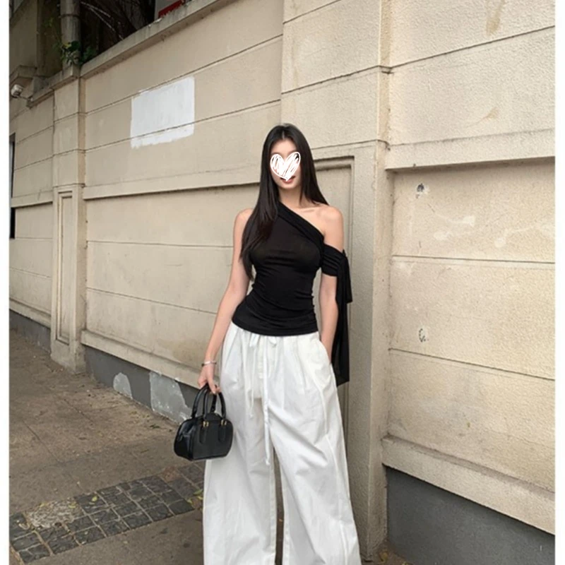 YIDENG2025夏季韩系新款性感辣妹一字领斜肩短袖T恤纯欲别致上衣