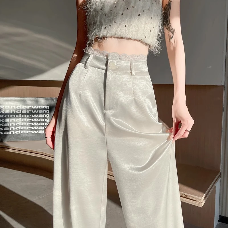白色冰丝醋酸缎面阔腿裤女夏季薄款蕾丝边高腰垂感休闲直筒拖地裤