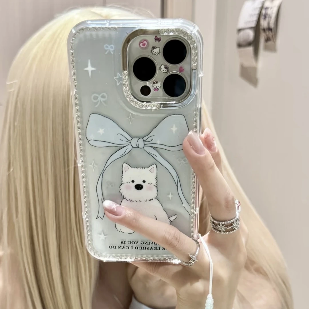 蝴蝶结西高地适用苹果16promax小众iphone15镭射星星闪钻手机壳