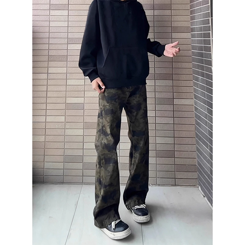 美式vibe迷彩微喇裤子男秋修身显瘦牛仔裤cleanfit提档窄版直筒裤