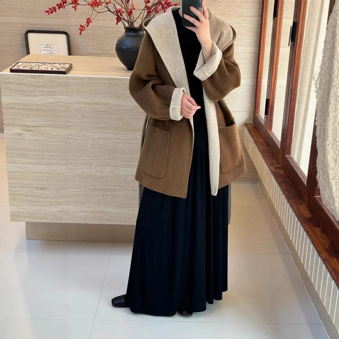 2025棕榈岛两面穿韩版连帽浴袍双面羊毛女拱针气质大衣秋冬中长