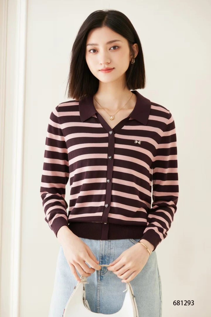 【于姐】1293女士翻领条纹天丝小衫