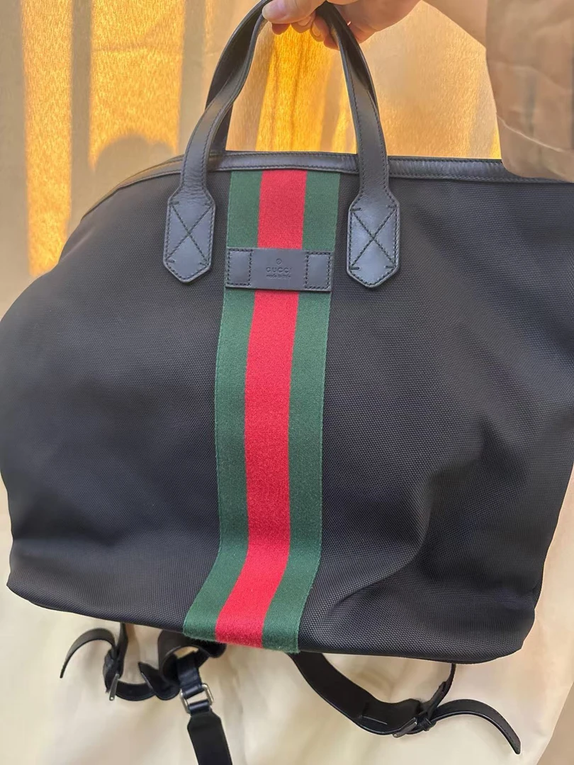 95新 GUCCI/古驰 古驰红绿织带帆布可手提可双肩包