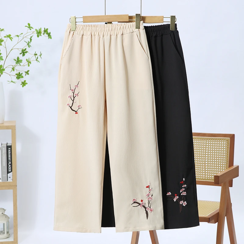 薄款中老年女装妈妈裤子7分裤刺绣阔腿裤复古绣花休闲裤女装气质