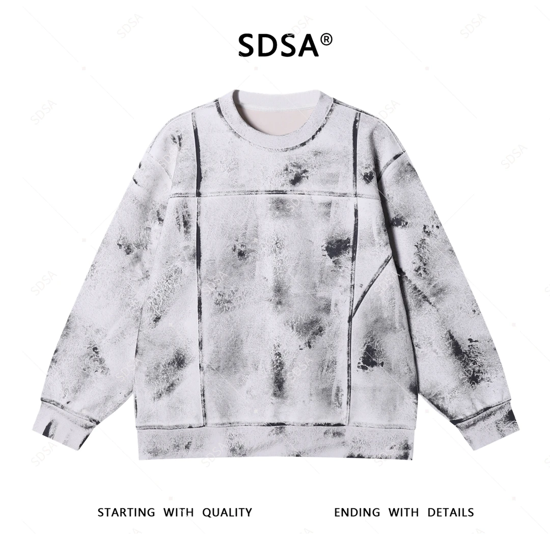 SDSA秋季新款男士痞帅简约做旧印花设计圆领卫衣套头休闲时尚潮流