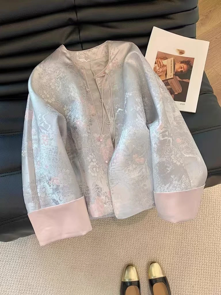 金禾【金禾专属】春季国风中式袖口撞色缎面提花上衣3037