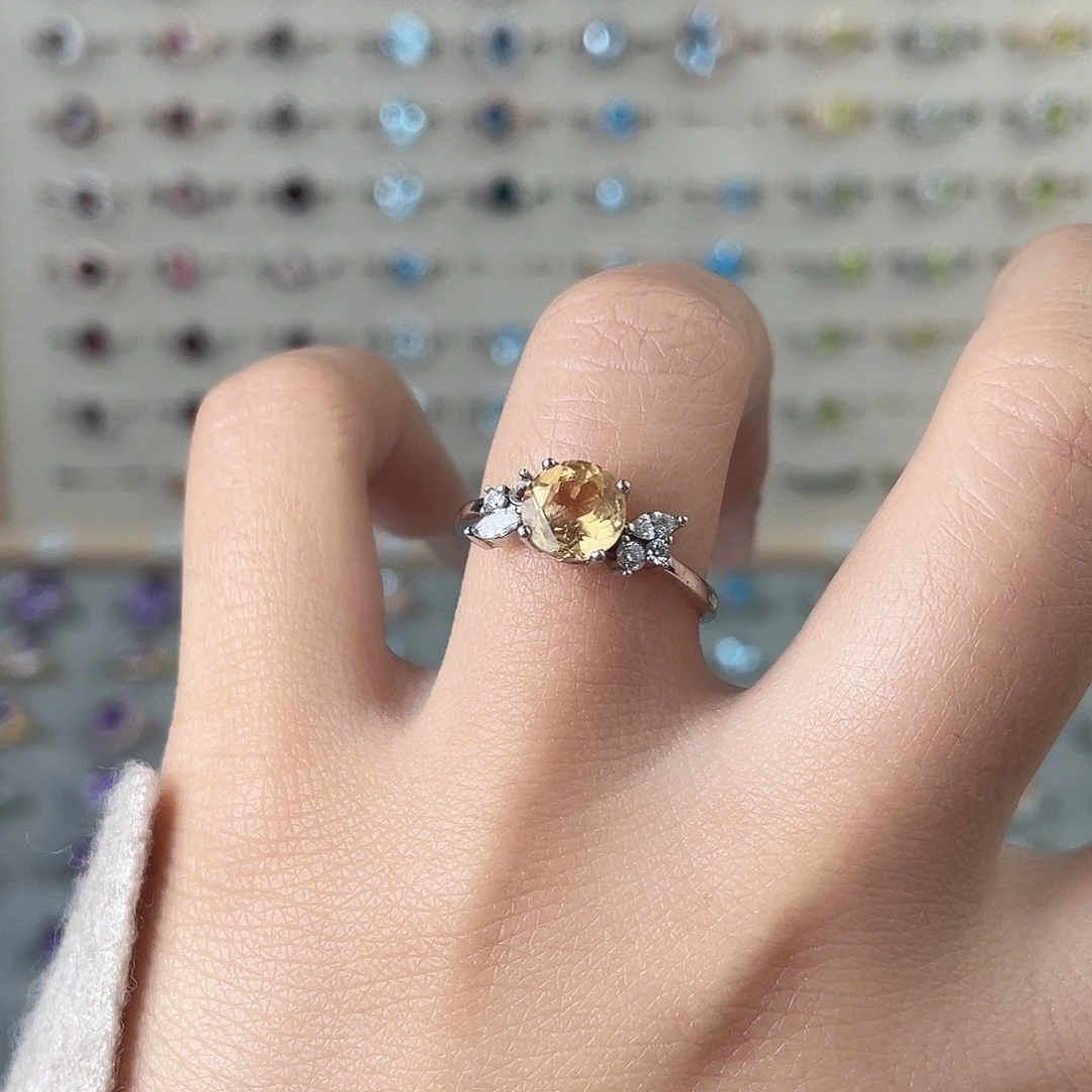 黄晶银S925镶嵌戒指正圆戒指