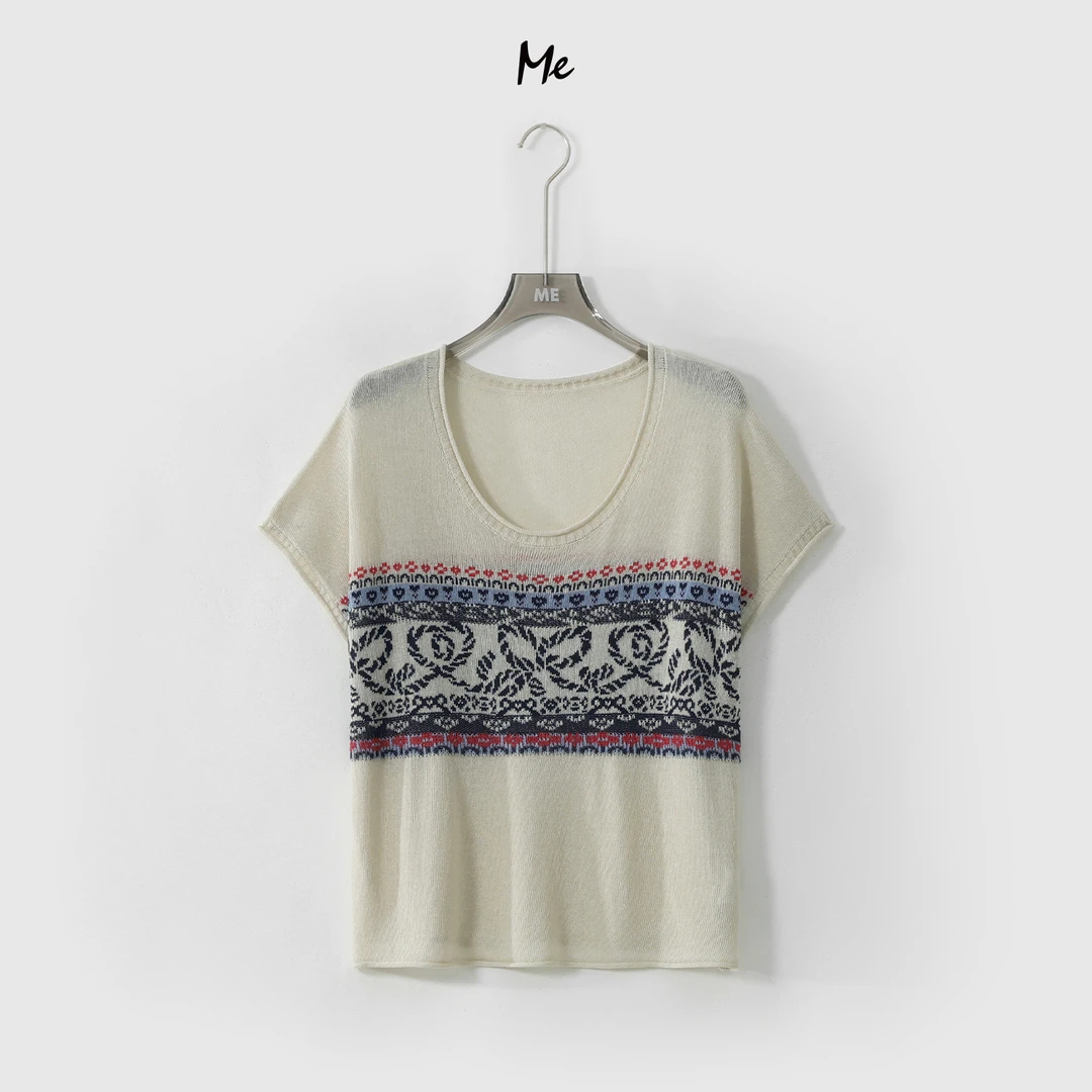 ME【费尔岛波嬉坎肩】天丝亚麻混纺复古印花显瘦百搭针织衫MESS5156