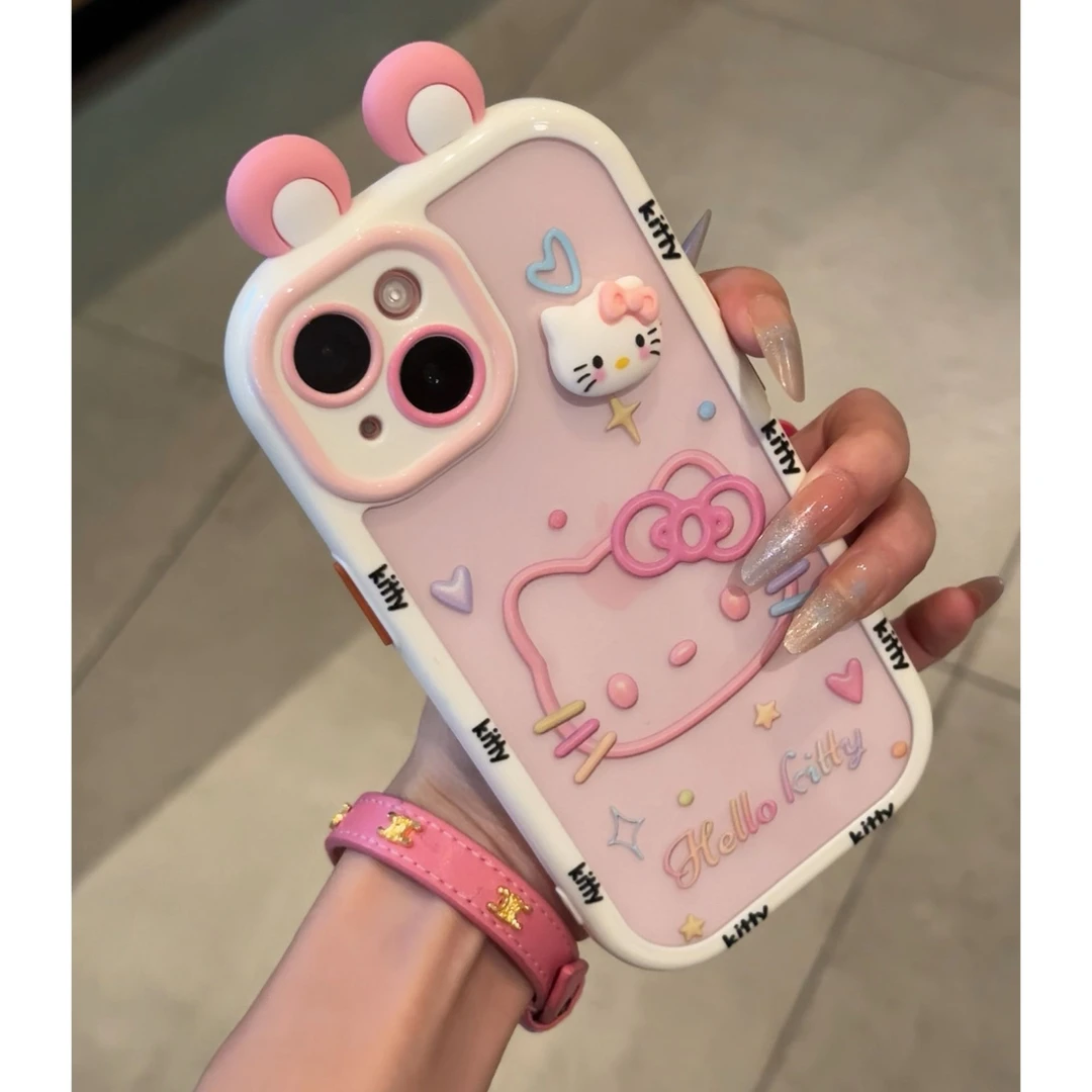 BANCA粉果冻kitty立体耳朵适用苹果16手机壳华为vivo小米15opp