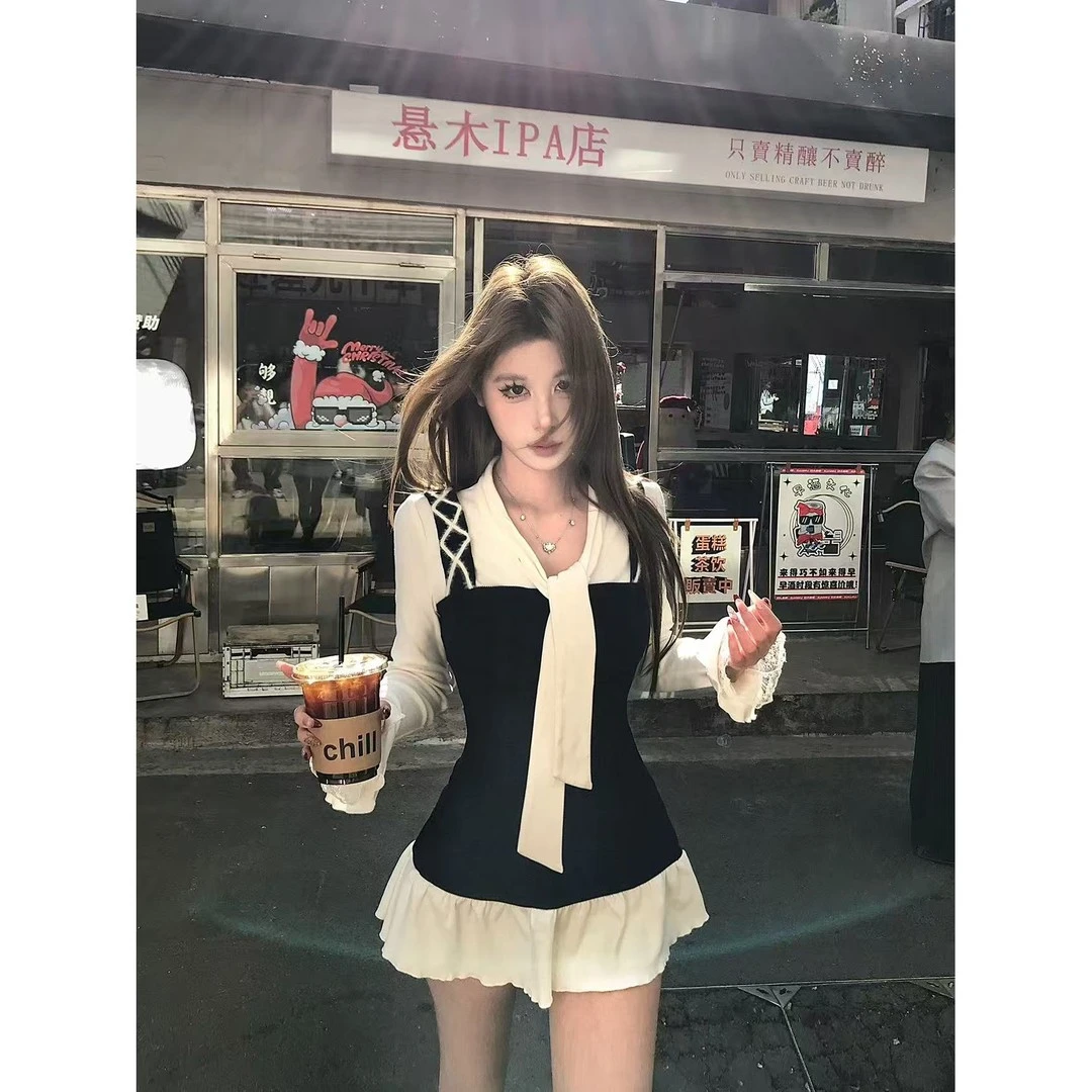 miu系巨好看短裙收腰法式假两件黑白撞色休闲通勤连衣裙子