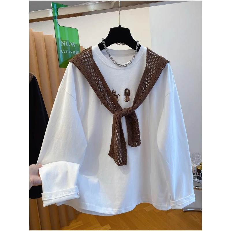 2-300斤特大码卡通刺绣长袖T恤初秋男女披肩洋气慵懒休闲两件上衣