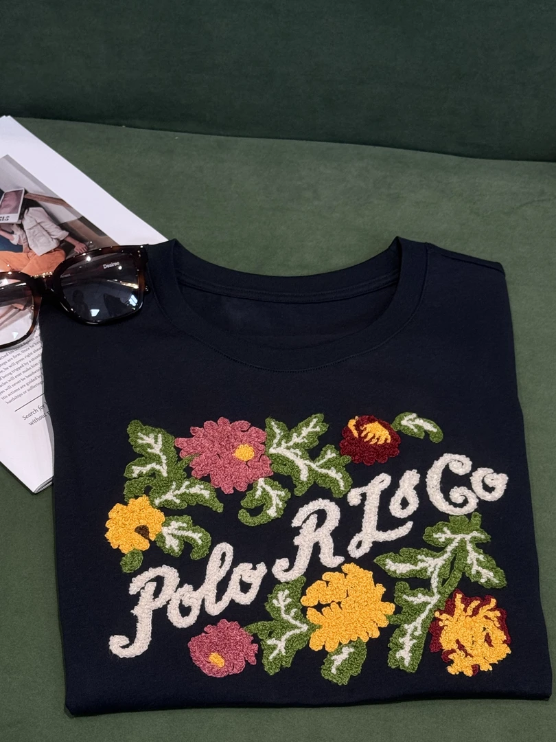 女士春季 毛巾绣棉质花朵圆领休闲短袖T恤