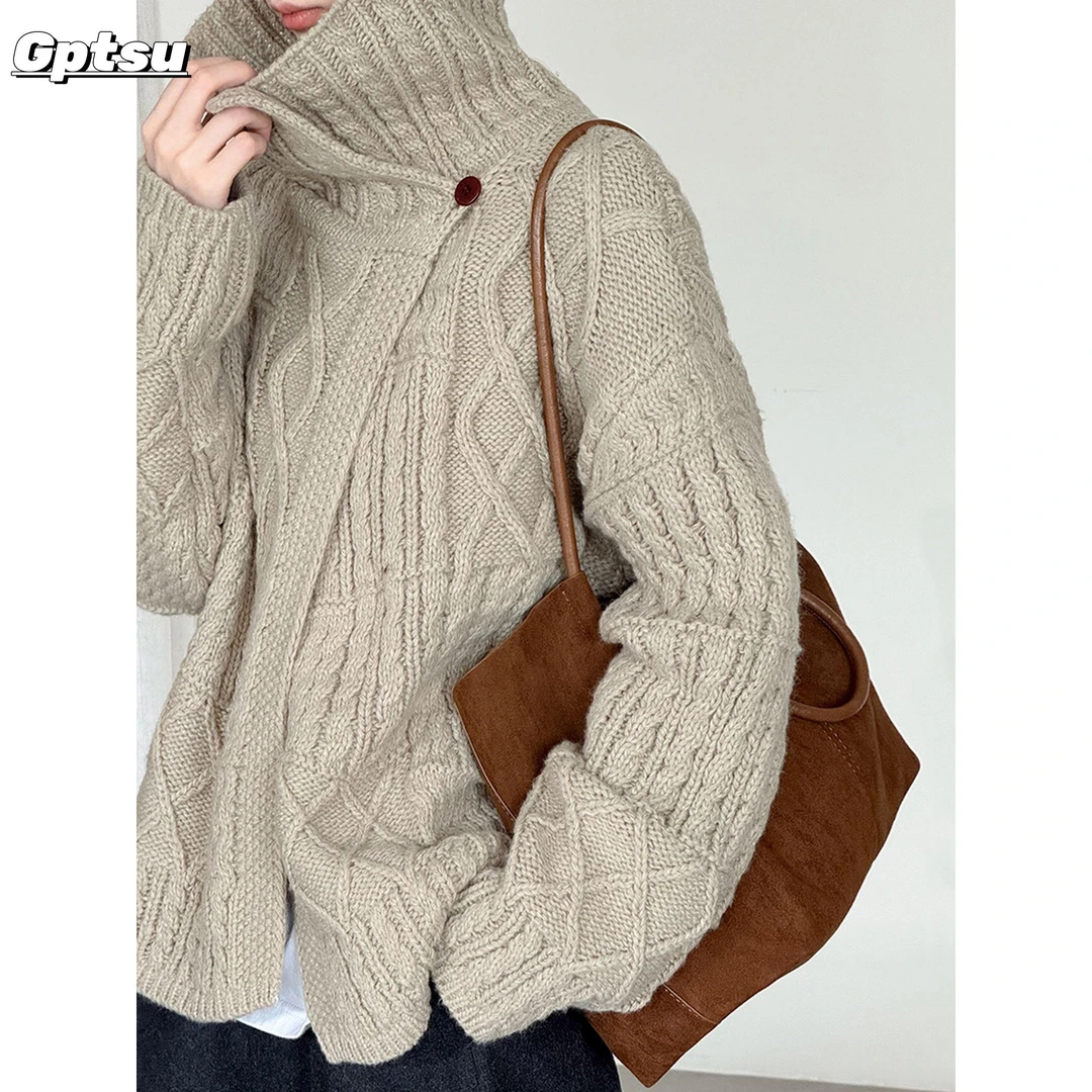 GPTSu复古不规则麻花翻领针织开衫女秋冬季加厚宽松毛衣外套上衣
