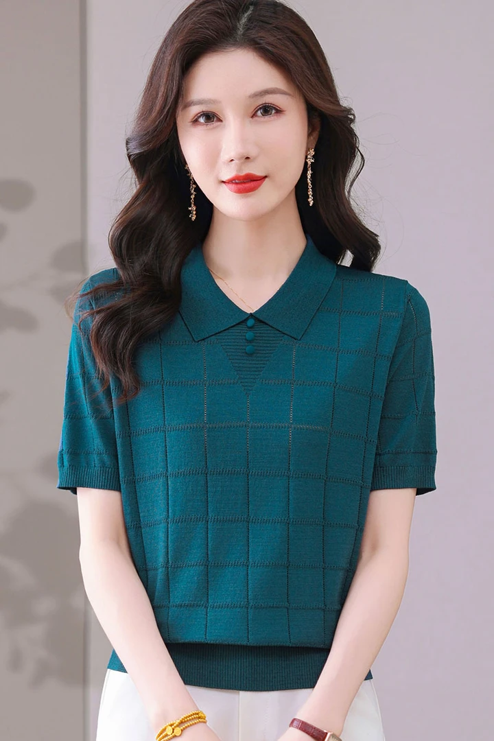 【天丝】夏季新款翻领女装短袖T恤洋气宽松针织显瘦镂空薄款妈妈装