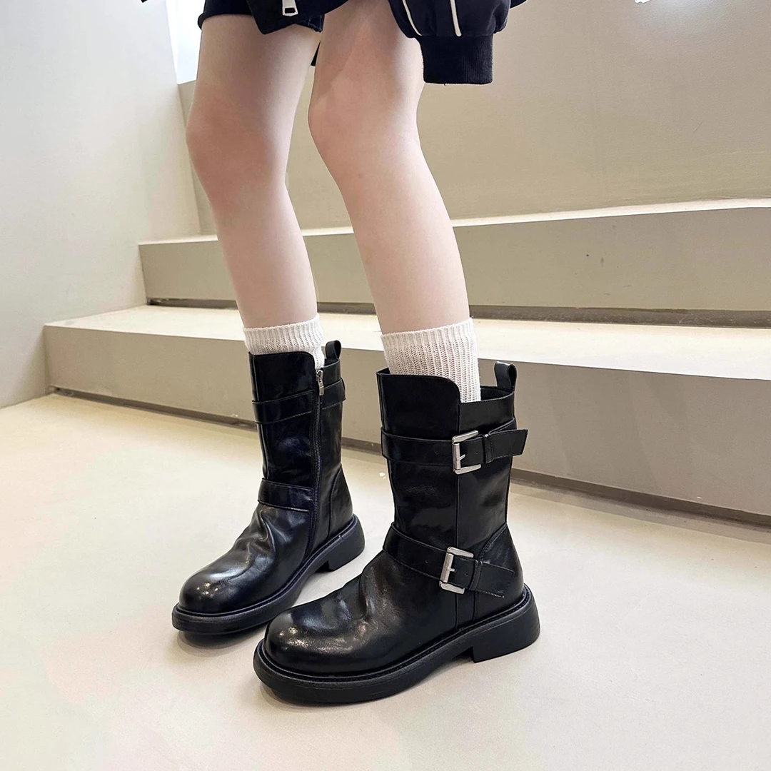 新款皮质双排扣短靴中筒靴女秋冬季圆头方根增高马丁靴时尚英伦风