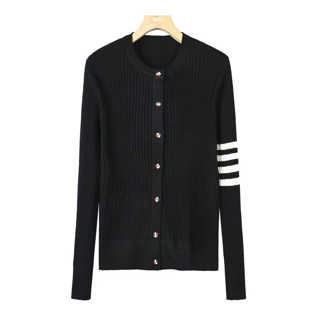 减龄款时尚百搭条纹单排扣针织开衫上衣 新选f262