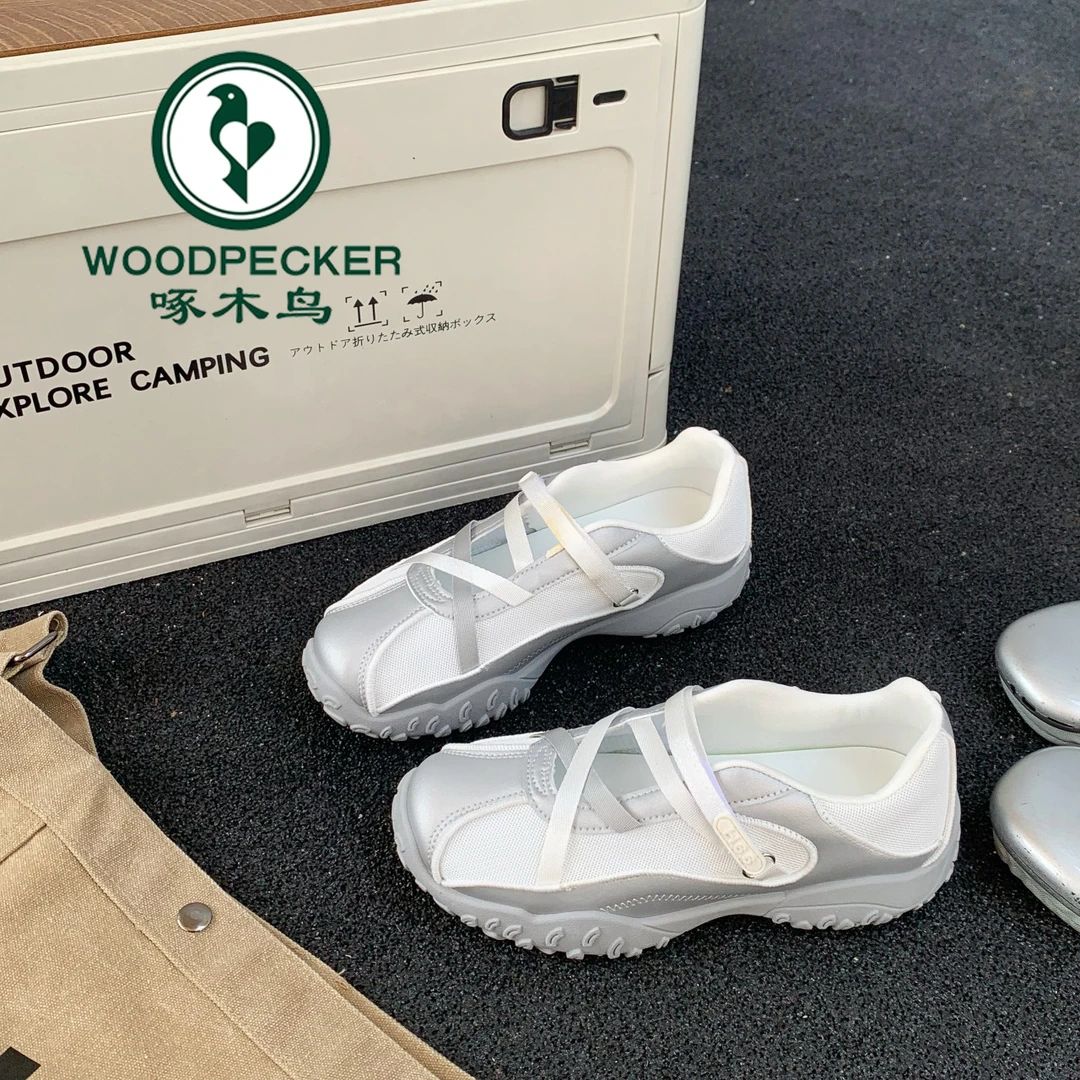 啄木鸟内增高~银色玛丽珍鞋女透气魔术贴厚底休闲运动百搭单鞋