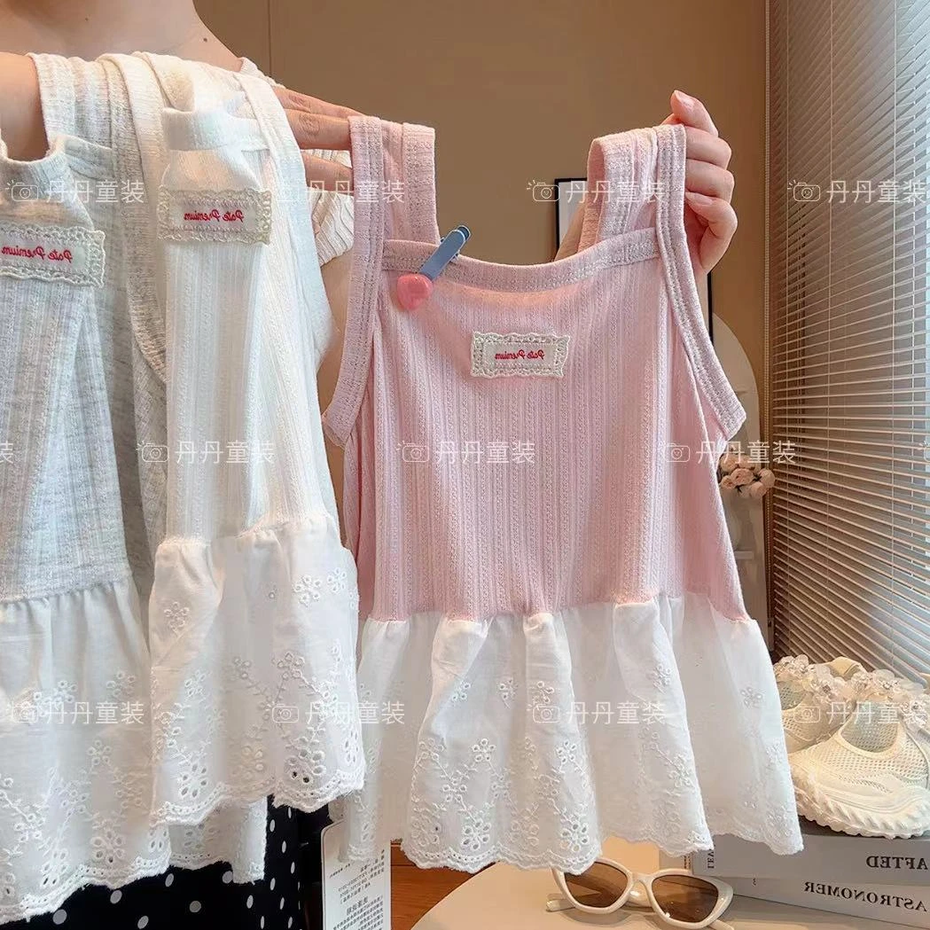 夏季工字型婴儿宝宝女夏纯色吊带童装花边背心吊带上衣时尚洋气