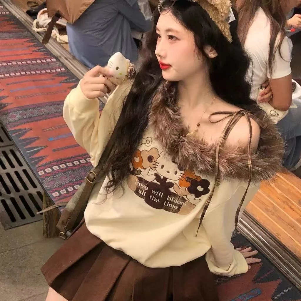 kitty露肩卫衣女2025冬季新款毛领加厚上衣高腰半身裙两件套8962