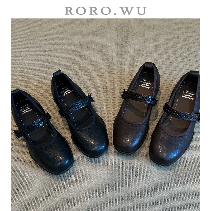 娆娆吴·头层羊皮简约纯色小皮鞋一字扣学院英伦日常百搭单鞋A62